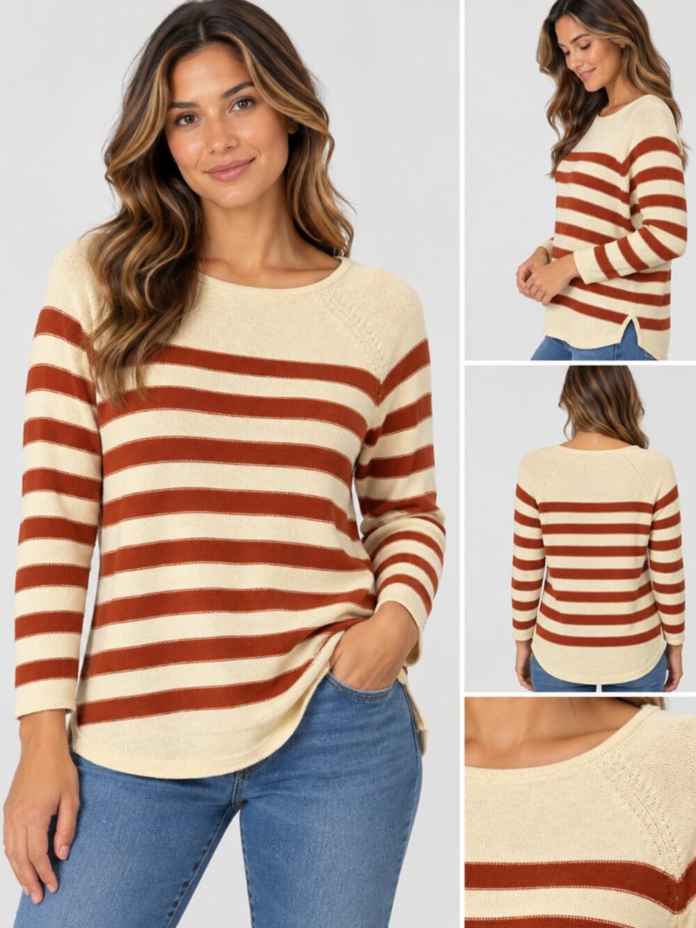 FP Beach Ivory Brown Striped Cotton Knit Sweater Size XS